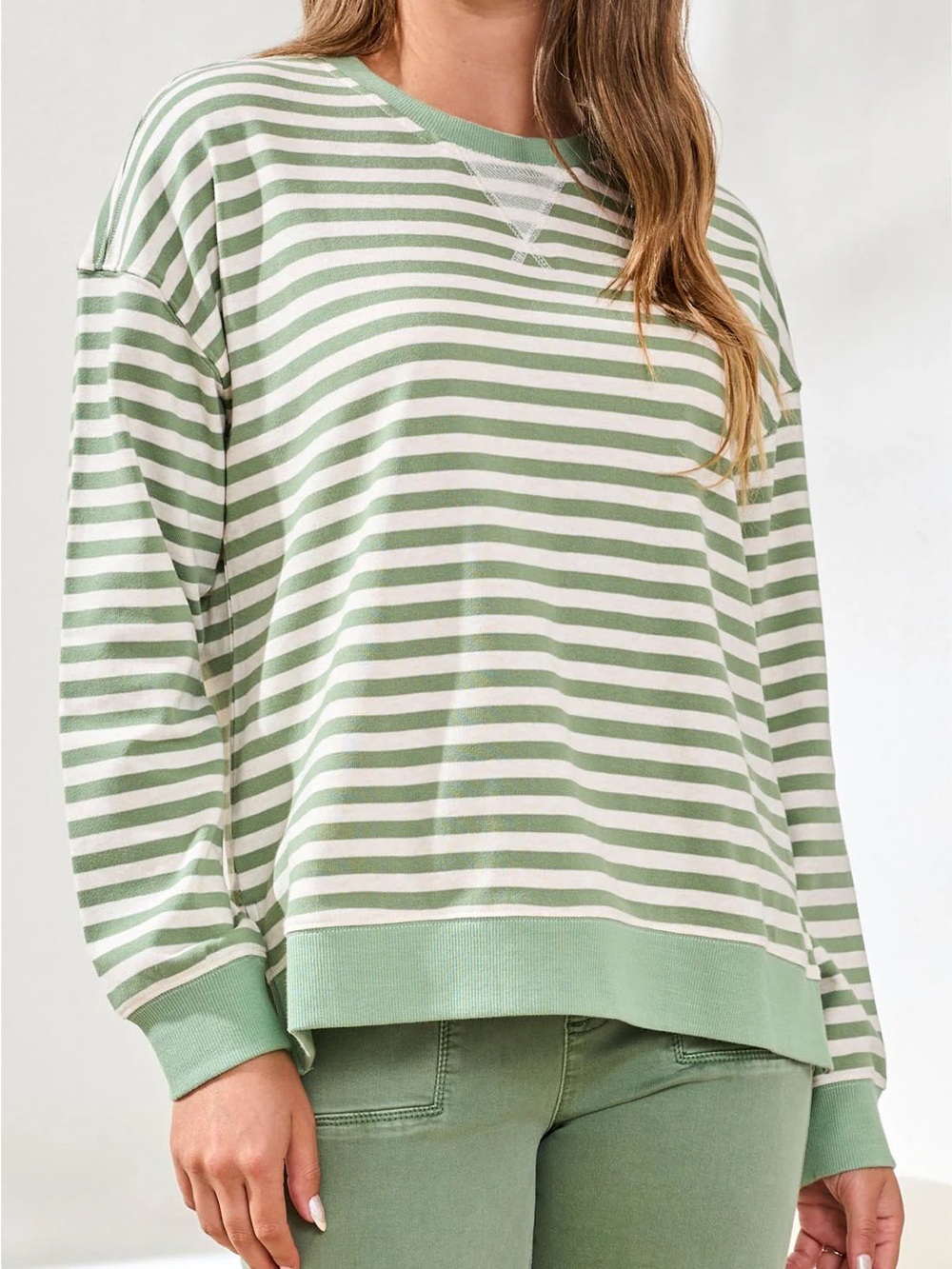 Tribal Green & White Striped Crewneck Sweater